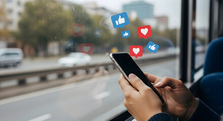 Smartphone Engagement on the Go Hands Holding Phone in Transit Using Social Media Applications Likes and Hearts Pop Up Concept of Staying Connected and Receiving Approval While Commuting Actively