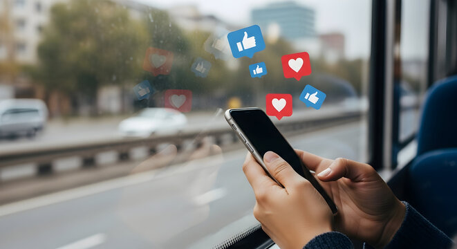 Smartphone Engagement on the Go Hands Holding Phone in Transit Using Social Media Applications Likes and Hearts Pop Up Concept of Staying Connected and Receiving Approval While Commuting Actively - Powered by Adobe
