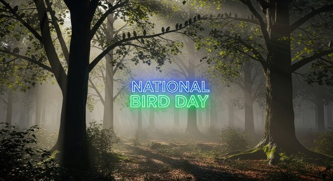 A flock of birds perched on tree branches in a misty forest with a neon sign that reads national bird day glowing in the background