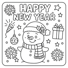Cute snowman with gifts — Happy New Year coloring page