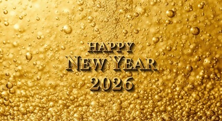 Happy new year 2026 text overlayed on a sparkling golden bubbly background, symbolizing celebration and new beginnings