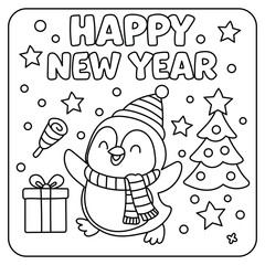 Happy New Year penguin with gift and Christmas tree coloring page