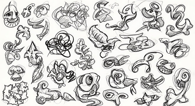 A collection of abstract doodle sketches featuring various shapes and character like faces on white paper