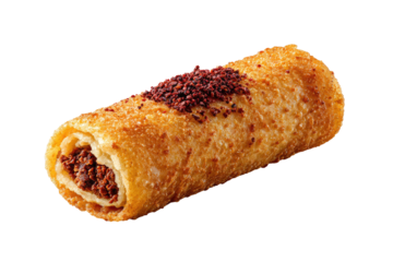 Rolled pastry filled with meat, topped with red spice against black