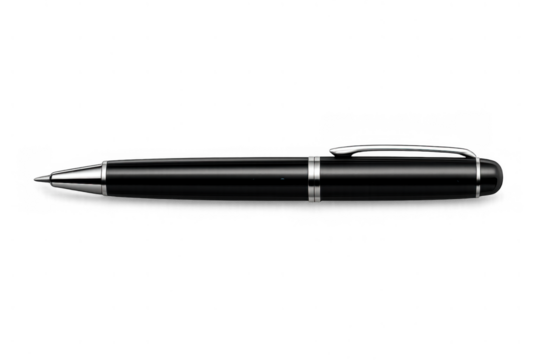 Black and silver ballpoint pen for writing, signing contracts, and official business documents, transparent background