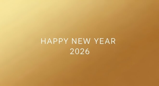 Happy new year 2026 text in white on a warm golden gradient background, symbolizing prosperity and a bright beginning for the upcoming year