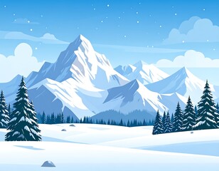 A serene winter scene with snow-capped mountains and evergreen trees under a starry sky. A blanket of snow covers the landscape