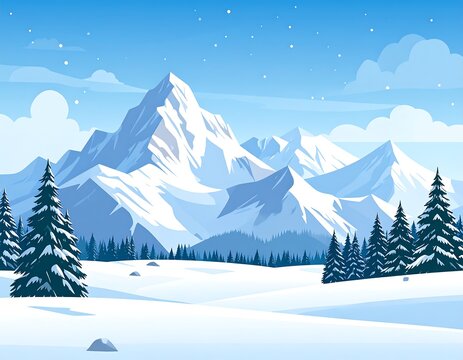 A serene winter scene with snow-capped mountains and evergreen trees under a starry sky. A blanket of snow covers the landscape