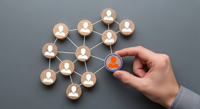 Hand adding a wooden block with a person icon to a network structure