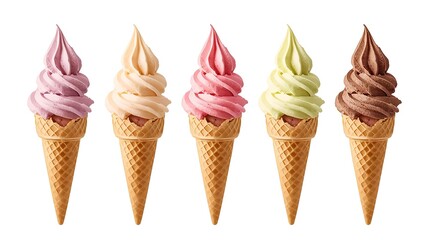 Assorted ice cream scoops on waffle cones, isolated on a transparent background. PNG cutout mockup template for artwork and design projects.