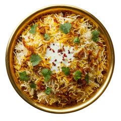 Golden bowl filled with biryani, herbs, yogurt, and red pepper flakes