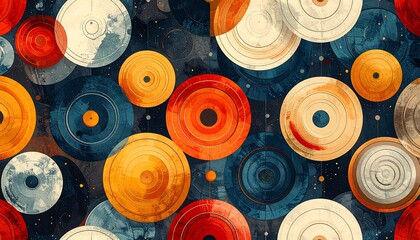 A vibrant, abstract digital art piece featuring overlapping concentric circles of various sizes and colors against a dark background