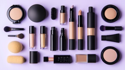 Various makeup products arranged neatly on a purple background showcasing diverse cosmetics and tools for beauty application