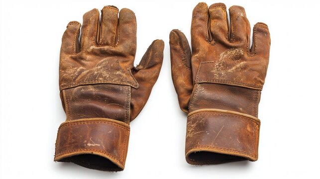 Leather work gloves resting on a plain white background showing signs of wear from use in outdoor tasks and labor activities