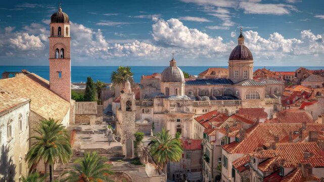 Stunning panoramic view of ancient European city with terracotta roofs and blue sea, 4K