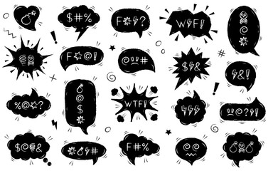 Comic speech bubbles with swear words. Crayon speech bubbles with the curses, insults, vulgar rage, swear word symbol.