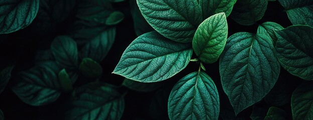 Close-up of vibrant green leaves with textured surfaces, a dark background emphasizing natural details