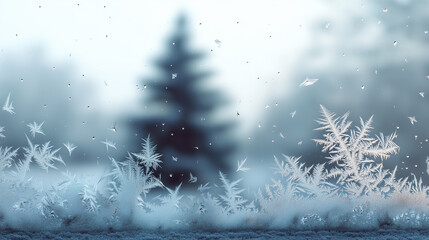 background of a frozen window with frost patterns and a blurred winter landscape
