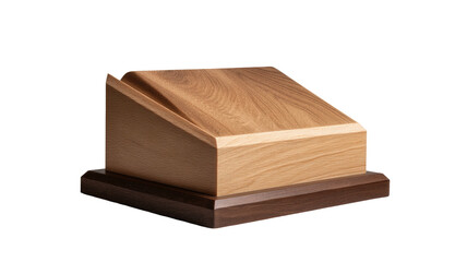Angled light wood box rests on dark wood base. Smooth surface