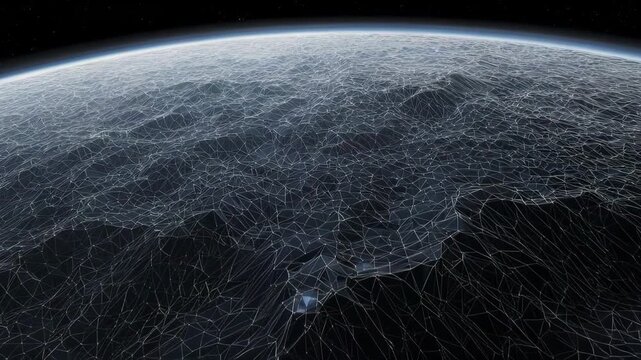 Geometric planet with a wireframe surface, dark sky, and stars