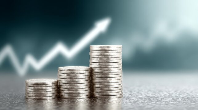 Dynamic financial growth concept stacks of gleaming coins and upward trend graph illustrating economic prosperity and investment strategy.