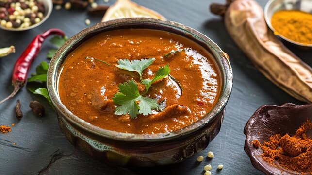 Sambar Masala, a traditional Indian spice blend with coriander, cumin, mustard, curry, fenugreek, turmeric, chili, pepper, and cardamom in a glass jar on a wooden kitchen countertop for authentic cook