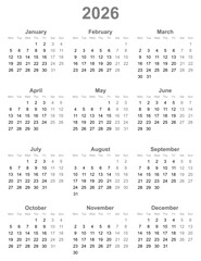 2026 yearly calendar layout. Useful for schedule, planning, office, and business use.