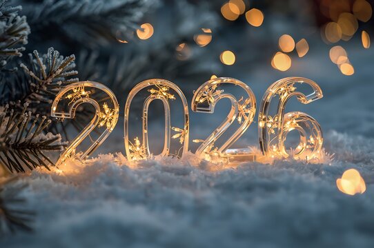 Glowing transparent numerals of the year 2026 illuminated by warm fairy lights on a snowy surface with a blurred christmas tree background