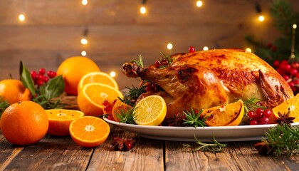 Festive Thanksgiving turkey with oranges and holiday lights.