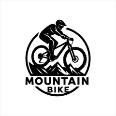 Mountain bike rider descending a trail with a mountain range background, a vector logo illustration concept for cycling sports