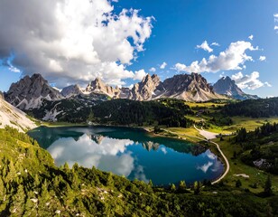 Aerial perspective of mountains, serene lake mirroring sky, surrounded by vibrant greenery and puffy clouds. A winding road leads