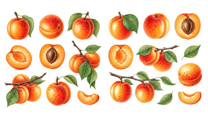 A vibrant collection of ripe apricots with green leaves, illustrated whole, halved with pits, sliced, and hanging on branches.