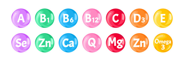 Obraz na płótnie Canvas Multi vitamins and minerals. Set of colorful icons balls. Vector cartoon flat illustration of supplements.