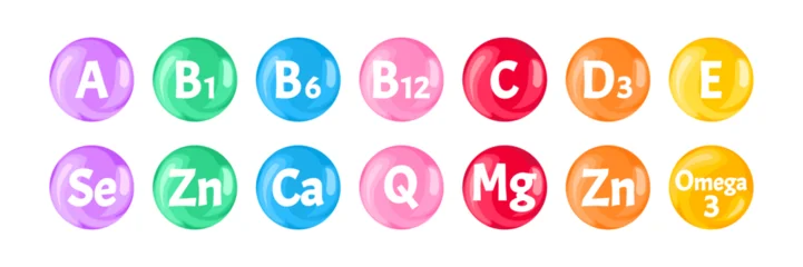 Fototapeten Pony Multi vitamins and minerals. Set of colorful icons balls. Vector cartoon flat illustration of supplements.  © Sunnydream