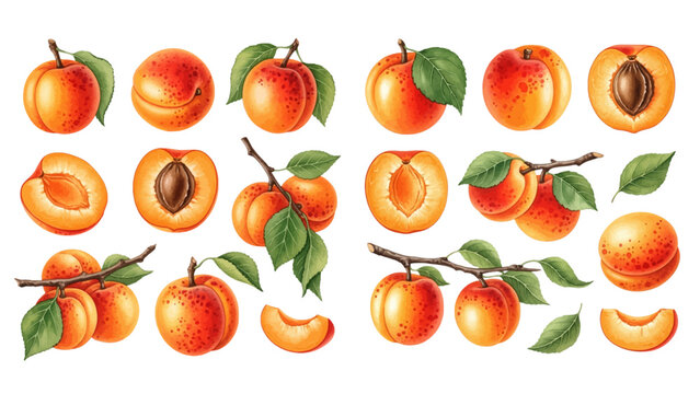 A vibrant collection of ripe apricots with green leaves, illustrated whole, halved with pits, sliced, and hanging on branches.