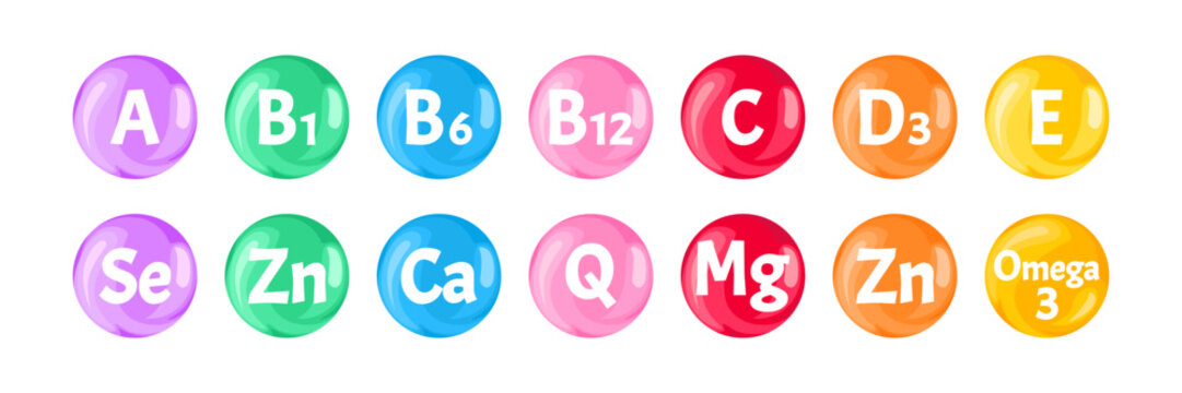 Multi vitamins and minerals. Set of colorful icons balls. Vector cartoon flat illustration of supplements.