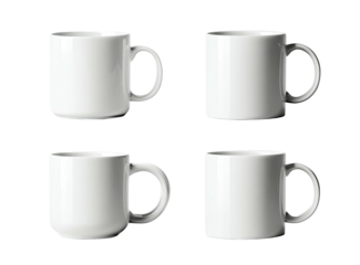 Four white ceramic mugs arranged in grid pattern on black background