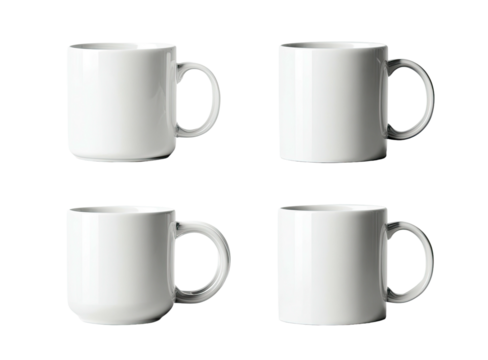 Four white ceramic mugs arranged in grid pattern on black background