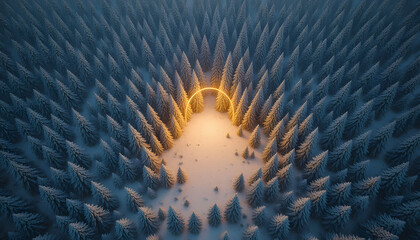 Aerial view of a snowy forest with a glowing circle creating a magical winter landscape ideal for seasonal backgrounds and fantasy concepts