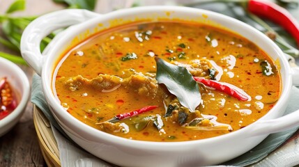 Sambar Masala, a traditional Indian spice blend with coriander, cumin, mustard, curry, fenugreek, turmeric, chili, pepper, and cardamom in a glass jar on a wooden kitchen countertop for authentic cook
