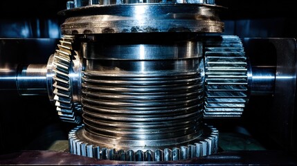 clockwork. A close-up of a complex mechanical gear mechanism with a central gear jammed. event key visuals, club posters, designed for sports event promotions and stadium branding.
