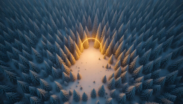 Aerial view of a snowy forest with a glowing circle creating a magical winter landscape ideal for seasonal backgrounds and fantasy concepts