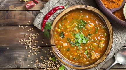 Sambar Masala, a traditional Indian spice blend with coriander, cumin, mustard, curry, fenugreek, turmeric, chili, pepper, and cardamom in a glass jar on a wooden kitchen countertop for authentic cook