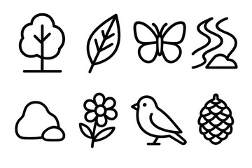 Fototapeta premium Nature Icons Collection. Nature Exploration linear icon set: tree, leaf, butterfly, river, rock, flower, bird, pinecone.