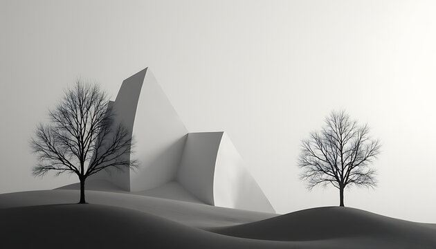 Minimalist monochrome landscape with two trees and abstract white geometric shapes - Powered by Adobe