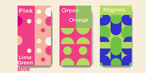 Abstract geometric patterns and color palettes featuring pink green orange magenta blue and lime
