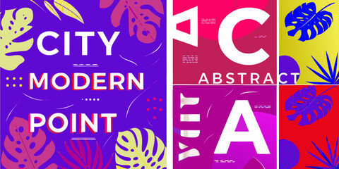 Vibrant abstract geometric design with tropical leaves and bold typography city modern point