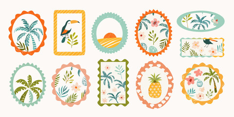 Collection of charming tropical themed decorative frames and illustrations with palm trees toucans and pineapples