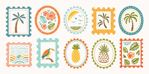 Collection of charming tropical themed decorative postage stamps with palm trees flowers pineapples and birds