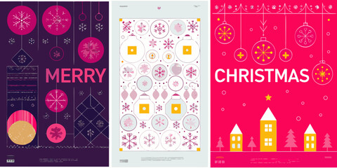 Modern christmas and merry design with snowflakes and ornaments in pink and purple colors